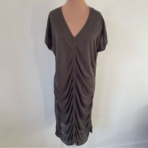 Christopher Fischer Gray Brown V-Neck Ruched Semi Sheer Linen Dress EUC Size M